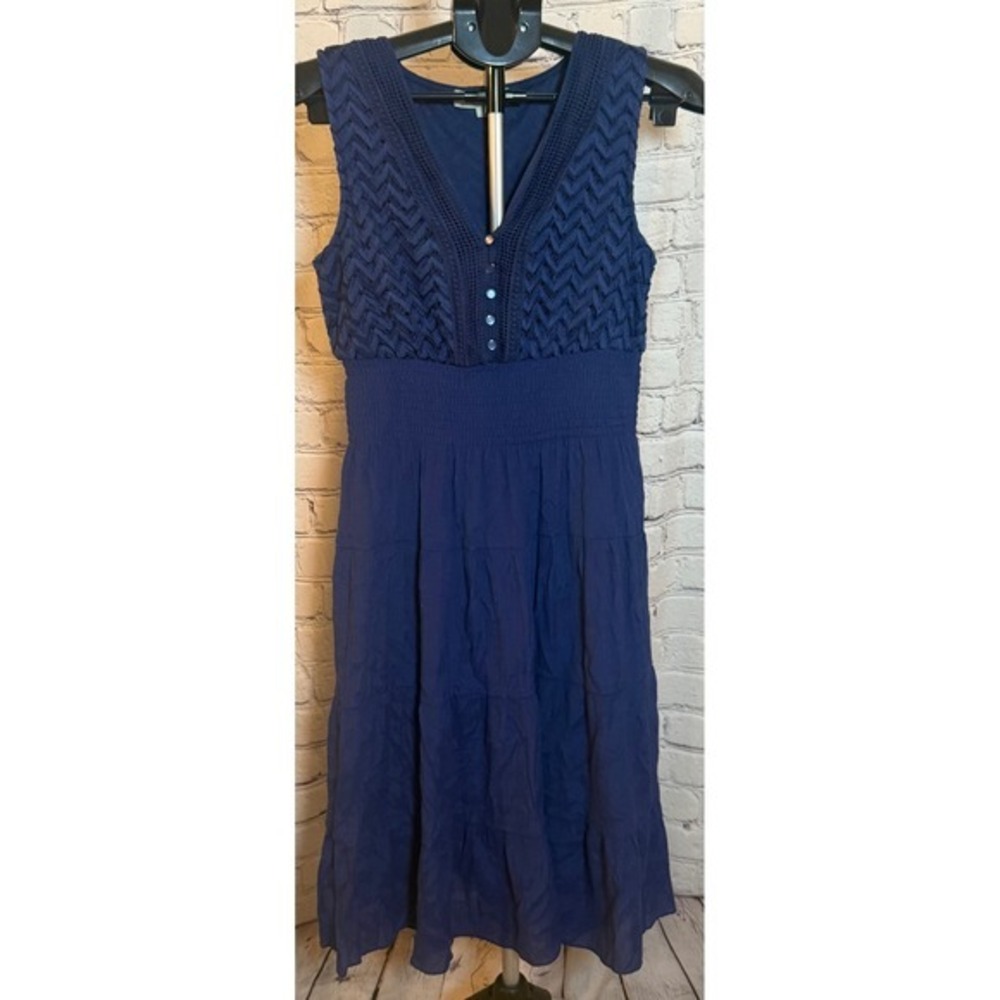 Navy Blue Chevron Crochet Smocked‎ Tiered Sleeveless Midi Dress Boho